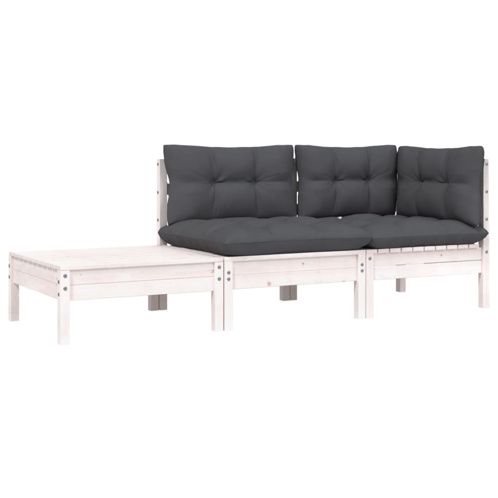 -Delige Loungeset Met Kussens Massief Grenenhout 3 Wit hoek + midden + Tafel
