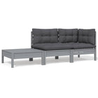 3-Delige Loungeset Met Kussens Massief Grenenhout 1 Grijs hoek + midden + Tafel