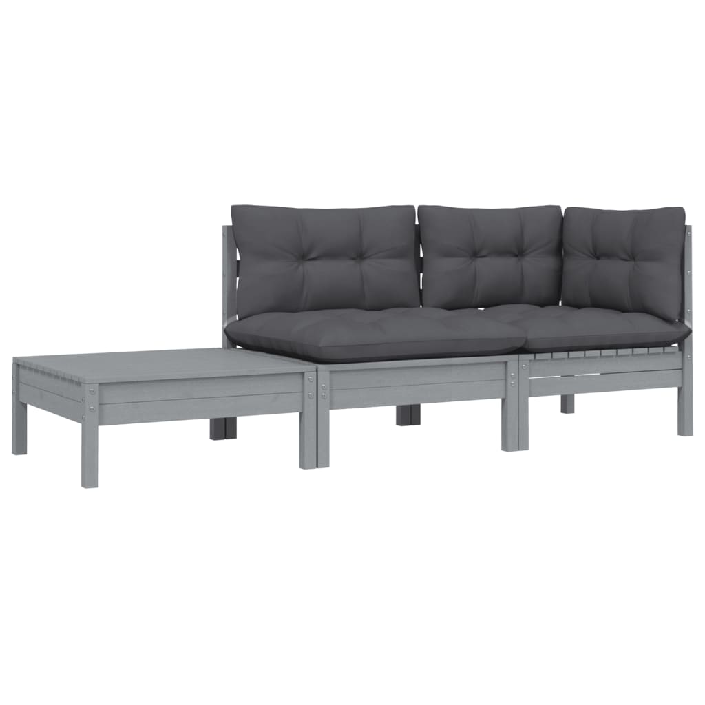 3-Delige Loungeset Met Kussens Massief Grenenhout 1 Grijs hoek + midden + Tafel