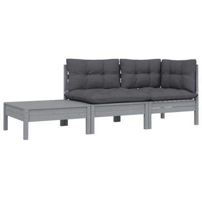 3-Delige Loungeset Met Kussens Massief Grenenhout 1 Grijs hoek + midden + Tafel