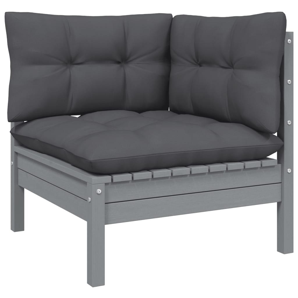 3-Delige Loungeset Met Kussens Massief Grenenhout 1 Grijs hoek + midden + Tafel