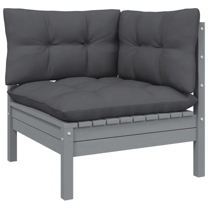 3-Delige Loungeset Met Kussens Massief Grenenhout 1 Grijs hoek + midden + Tafel