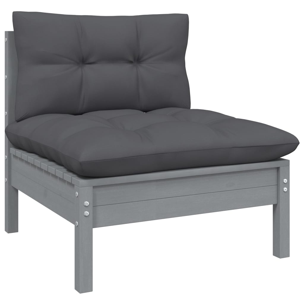 3-Delige Loungeset Met Kussens Massief Grenenhout 1 Grijs hoek + midden + Tafel