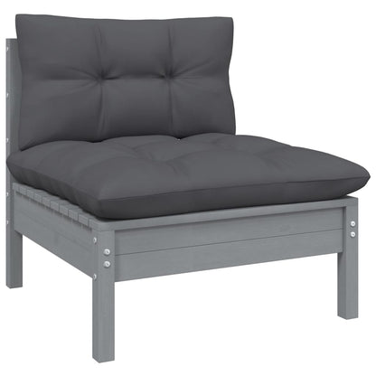 3-Delige Loungeset Met Kussens Massief Grenenhout 1 Grijs hoek + midden + Tafel