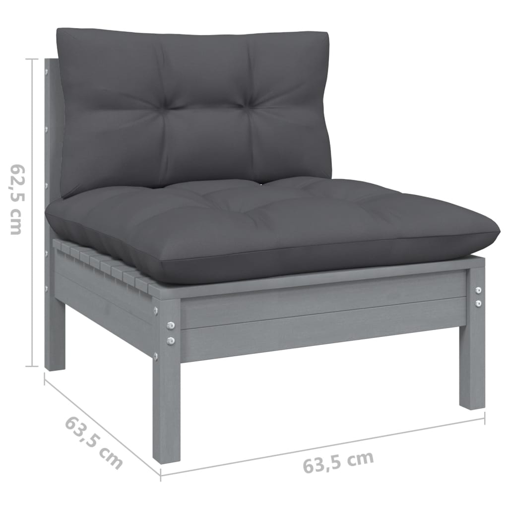 3-Delige Loungeset Met Kussens Massief Grenenhout 1 Grijs hoek + midden + Tafel