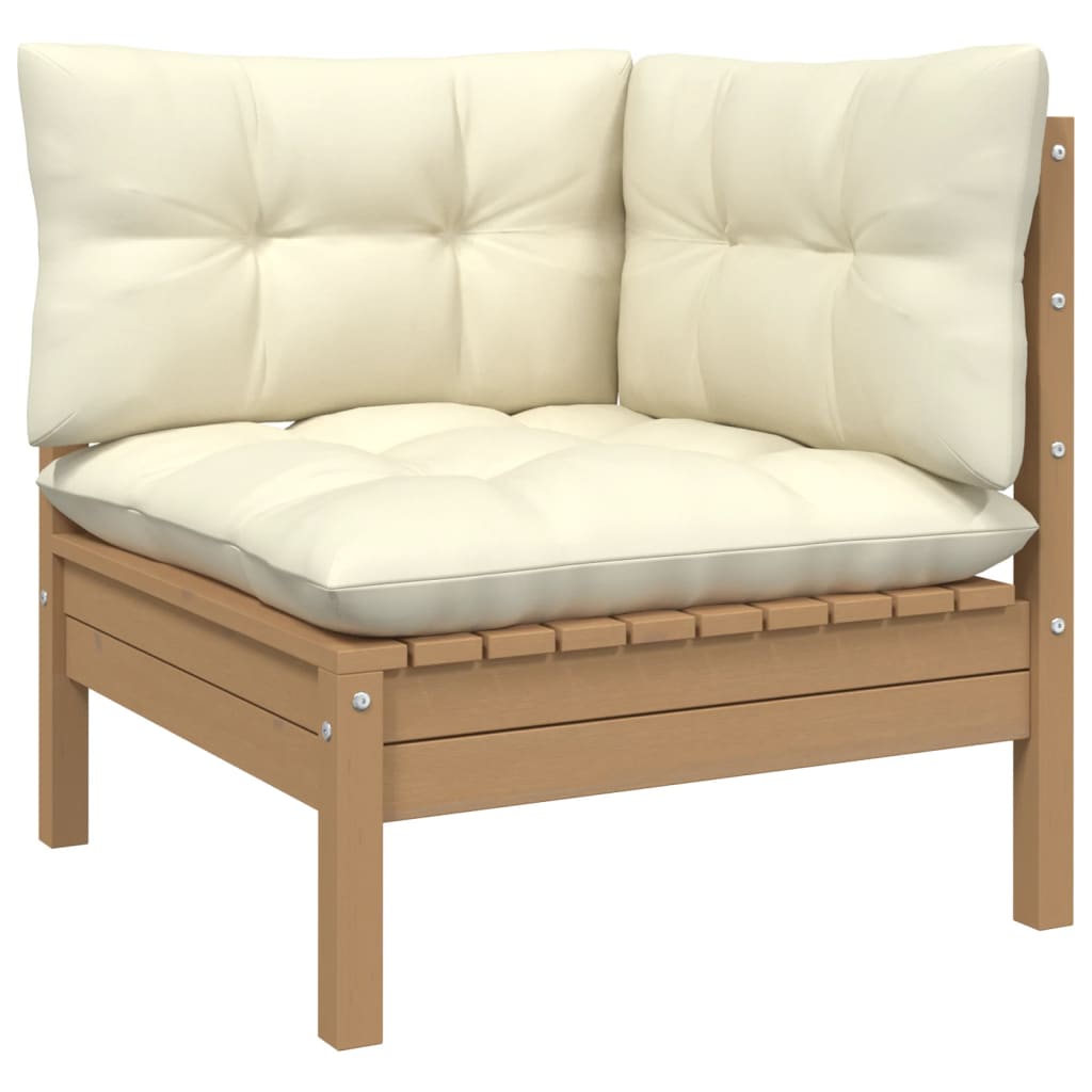 -Delige Loungeset Met Crèmekleurige Kussens Massief Grenenhout 3 Honingbruin hoek + midden + Tafel