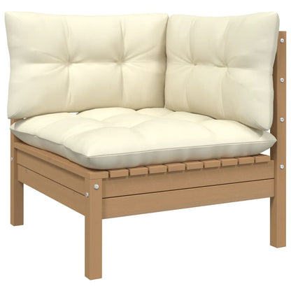 -Delige Loungeset Met Crèmekleurige Kussens Massief Grenenhout 3 Honingbruin hoek + midden + Tafel