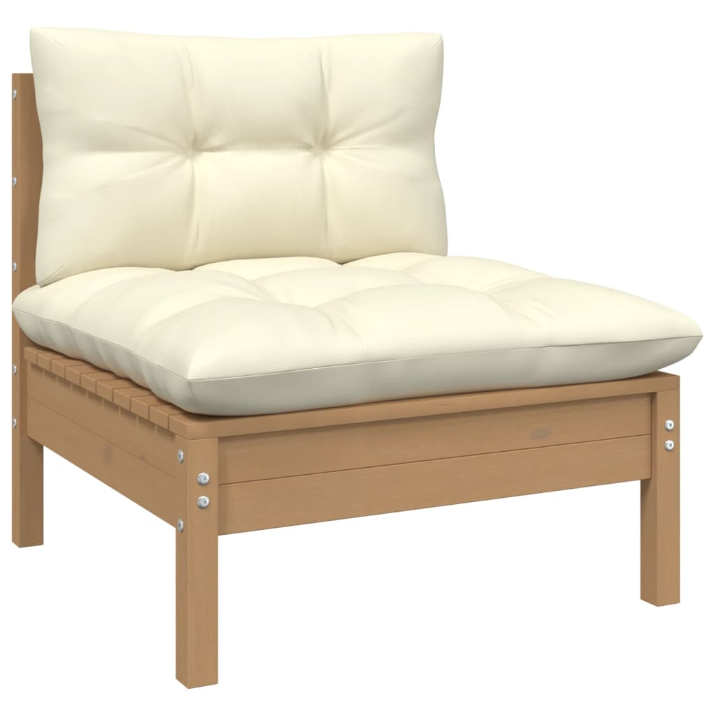 -Delige Loungeset Met Crèmekleurige Kussens Massief Grenenhout 3 Honingbruin hoek + midden + Tafel