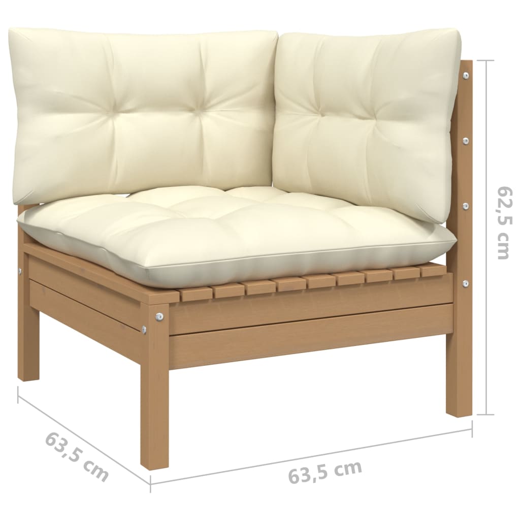 -Delige Loungeset Met Crèmekleurige Kussens Massief Grenenhout 3 Honingbruin hoek + midden + Tafel