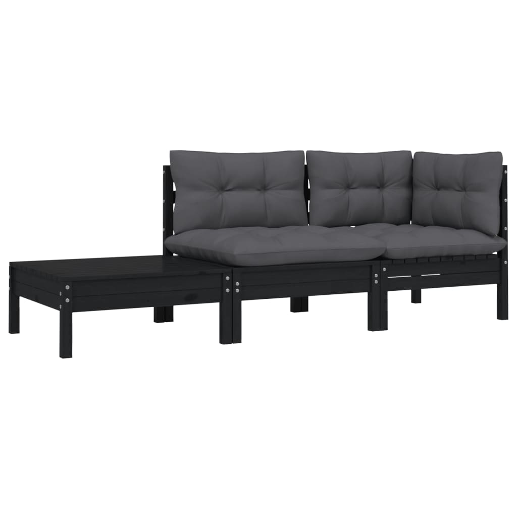 -Delige Loungeset Met Kussens Massief Grenenhout 3 Zwart hoek + midden + Tafel