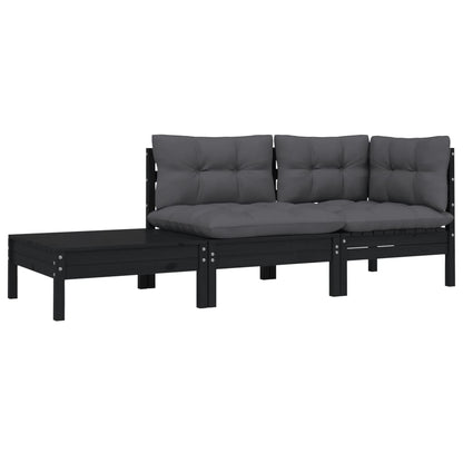 -Delige Loungeset Met Kussens Massief Grenenhout 3 Zwart hoek + midden + Tafel