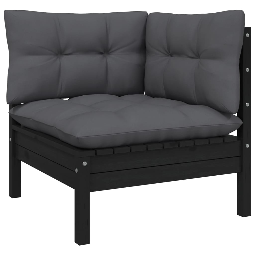 -Delige Loungeset Met Kussens Massief Grenenhout 3 Zwart hoek + midden + Tafel