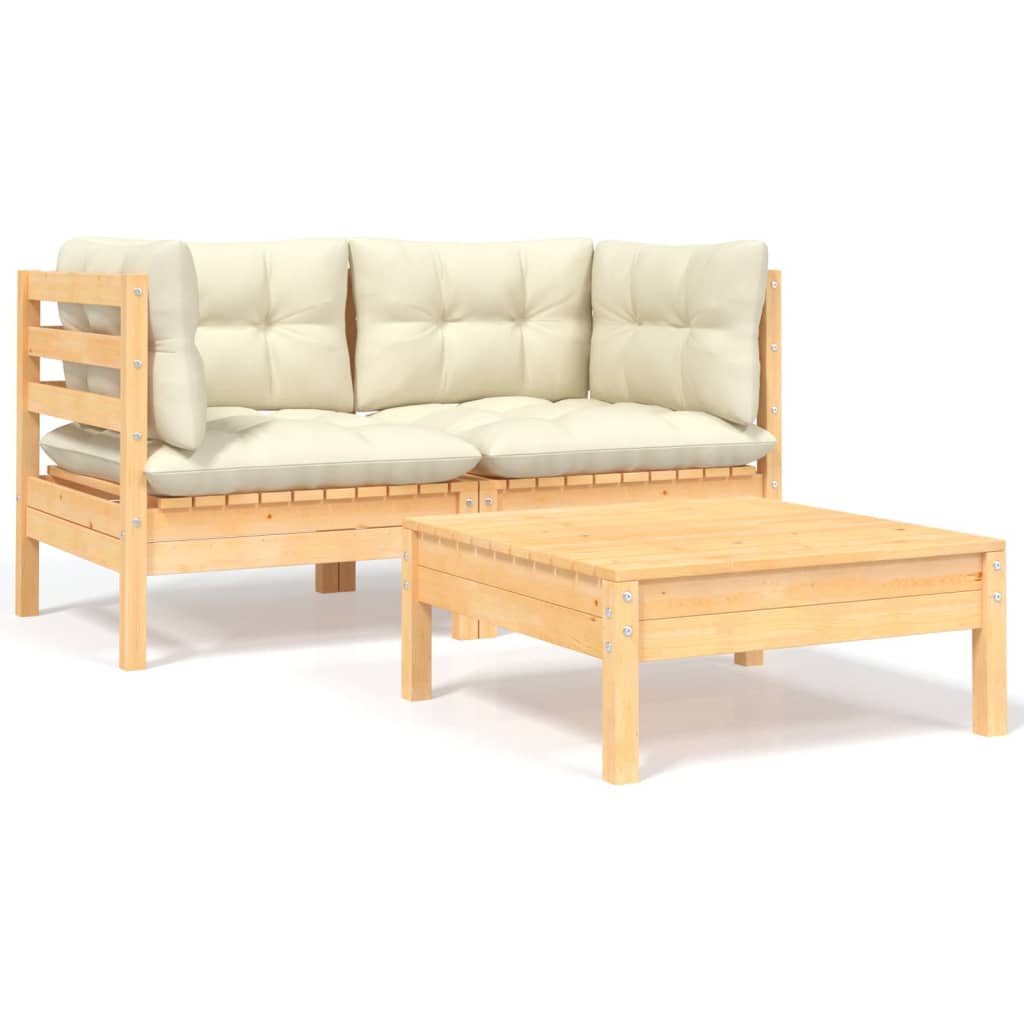 -Delige Loungeset Met Kleurige Kussens Massief Grenenhout 3 Natuurlijk en crème 2x hoek + Tafel