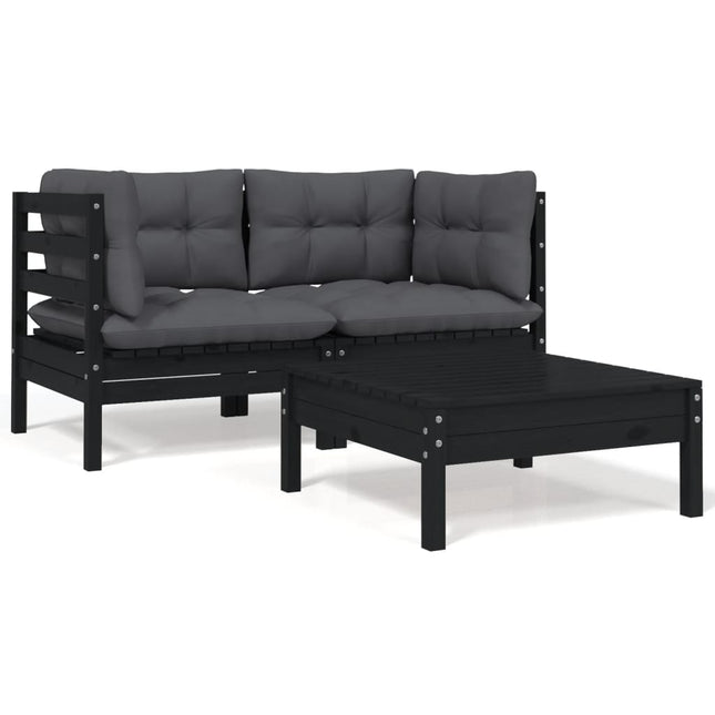 -Delige Loungeset Met Kussens Massief Grenenhout 3 Zwart 2x hoek + Tafel