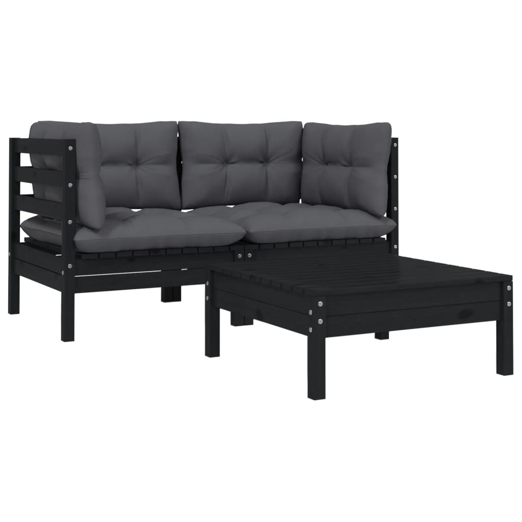 -Delige Loungeset Met Kussens Massief Grenenhout 3 Zwart 2x hoek + Tafel