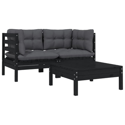 -Delige Loungeset Met Kussens Massief Grenenhout 3 Zwart 2x hoek + Tafel
