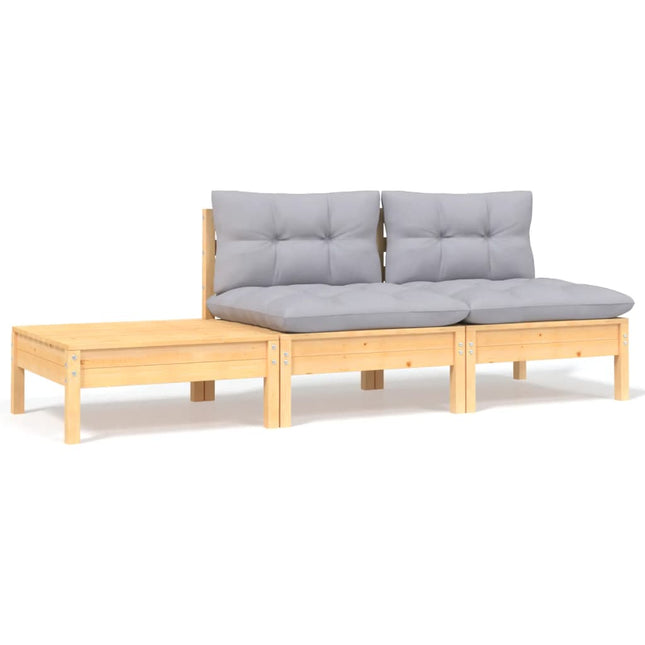 -Delige Loungeset Met Grijze Kussens Massief Grenenhout 3 Bruin en grijs 2x midden + Tafel