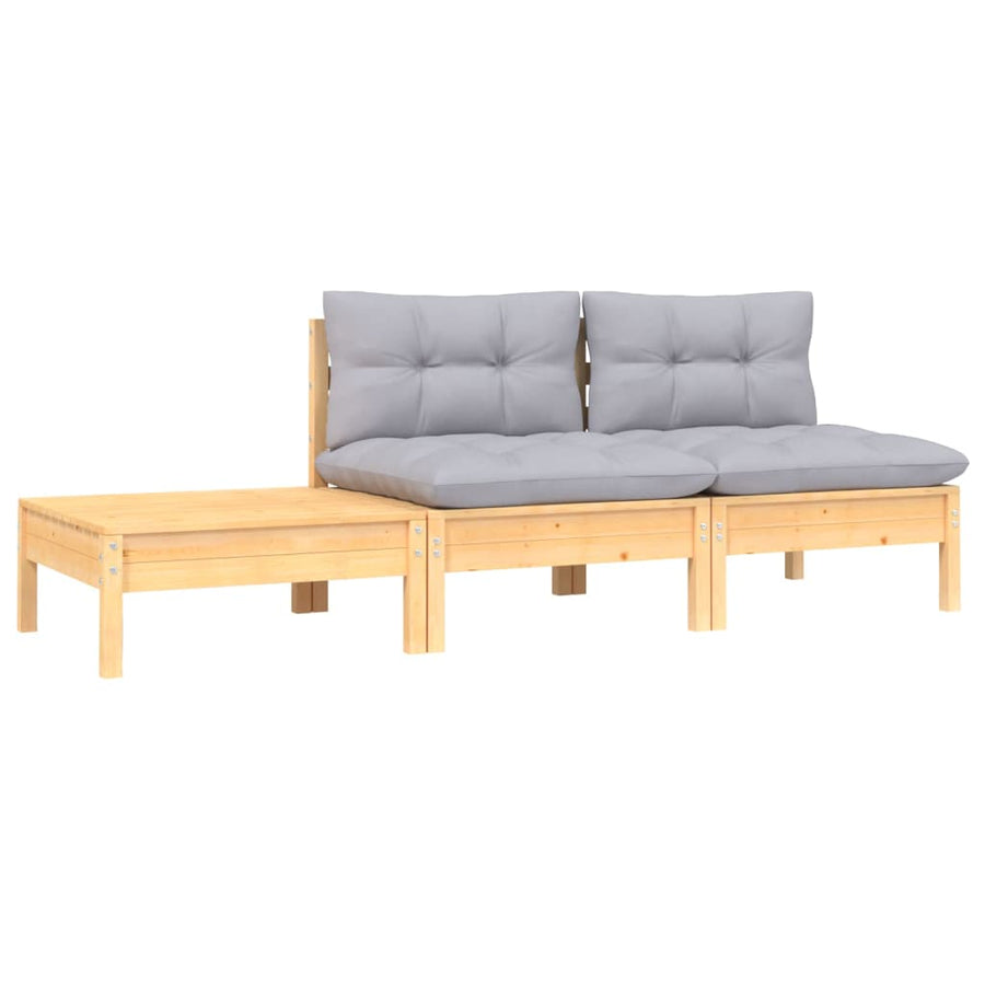 -Delige Loungeset Met Grijze Kussens Massief Grenenhout 3 Bruin en grijs 2x midden + Tafel
