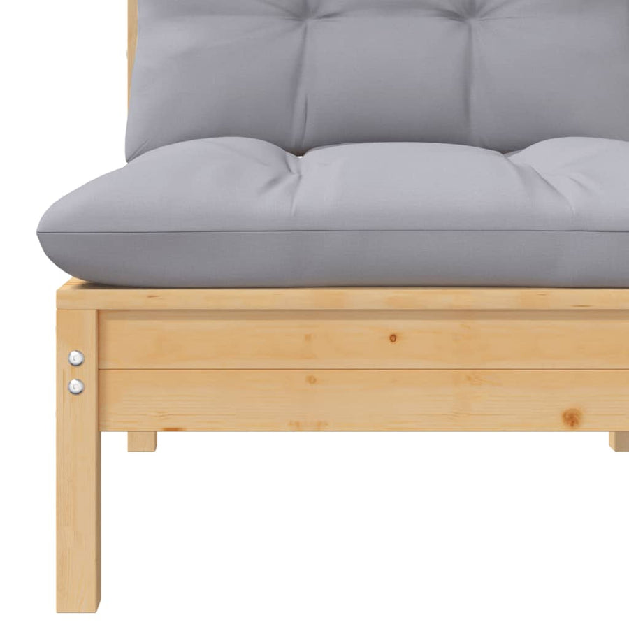 -Delige Loungeset Met Grijze Kussens Massief Grenenhout 3 Bruin en grijs 2x midden + Tafel