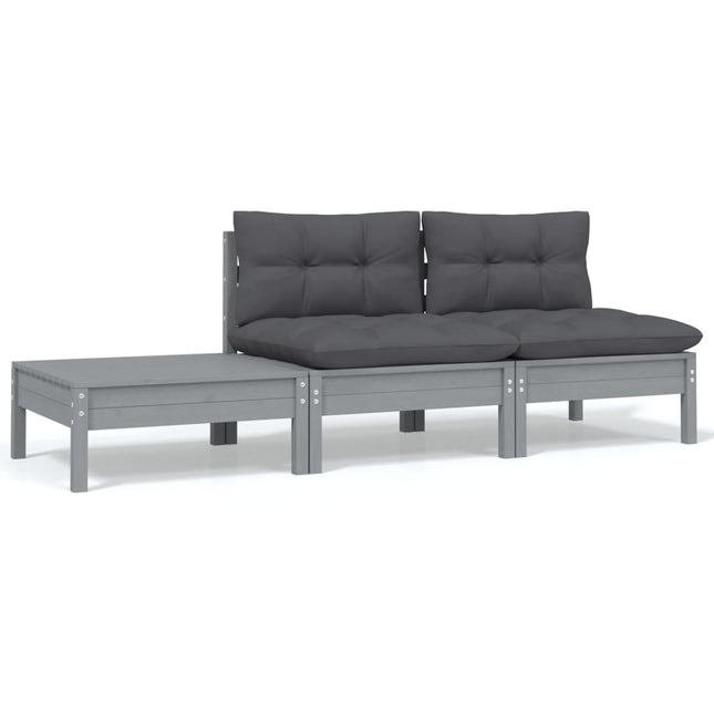 -Delige Loungeset Met Kussens Massief Grenenhout 3 Grijs 2x midden + Tafel