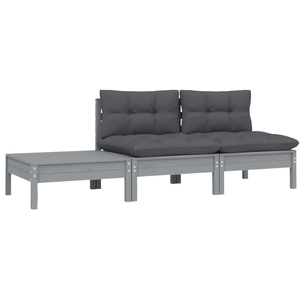 -Delige Loungeset Met Kussens Massief Grenenhout 3 Grijs 2x midden + Tafel