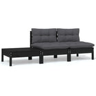 -Delige Loungeset Met Kussens Massief Grenenhout 3 Zwart 2x midden + Tafel