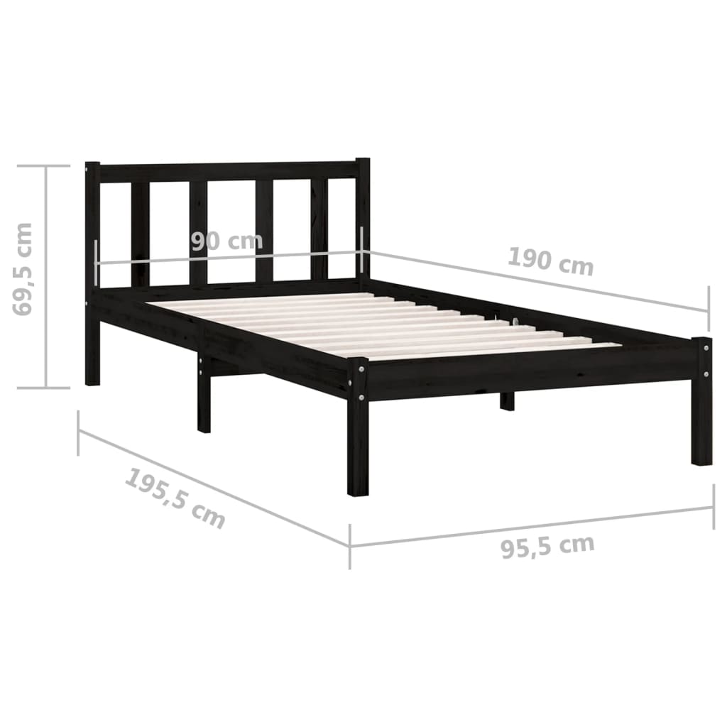 Bedframe massief grenenhout zwart 90x190 cm