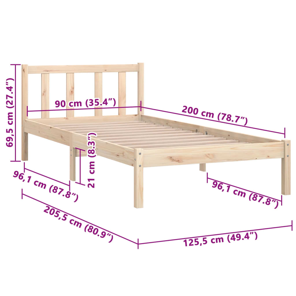 Bedframe Massief Grenenhout 90 x 200 cm Naturel