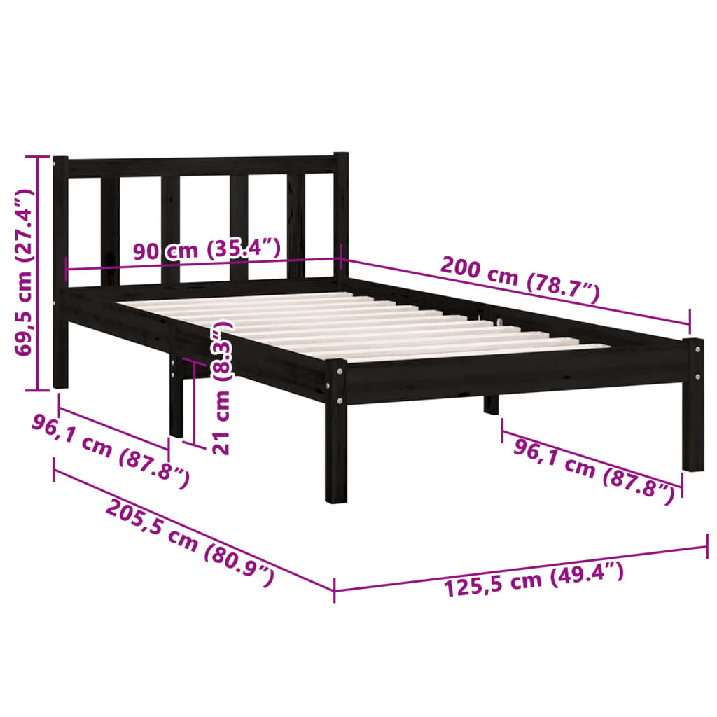 Bedframe massief grenenhout zwart 90x200 cm