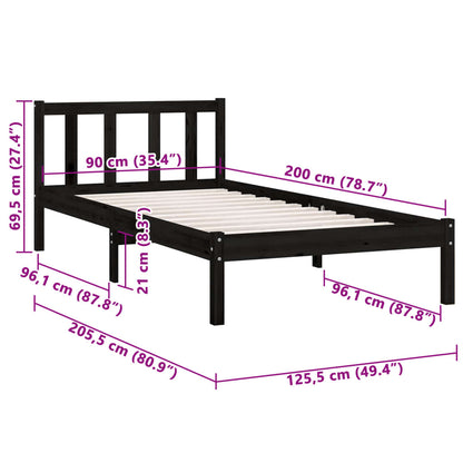 Bedframe massief grenenhout zwart 90x200 cm
