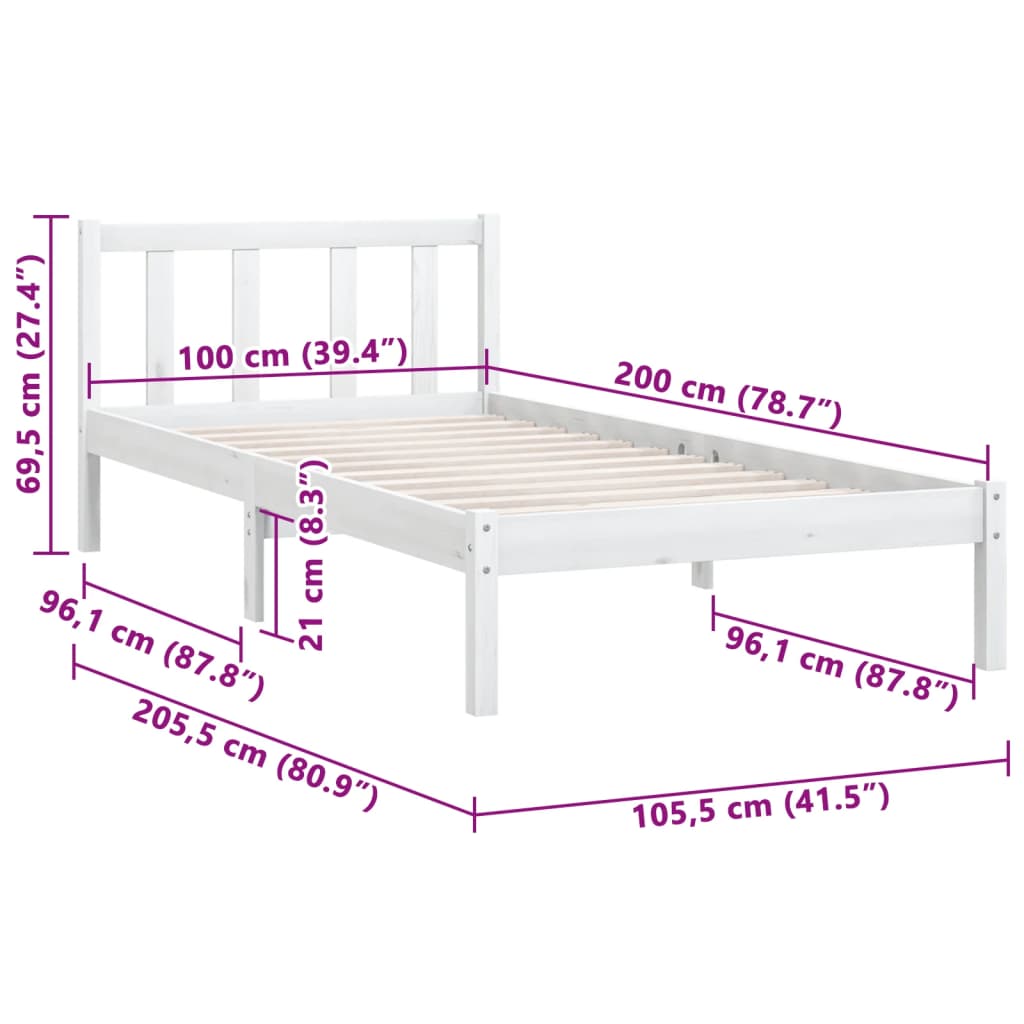 Bedframe Massief Grenenhout 100 x 200 cm Wit