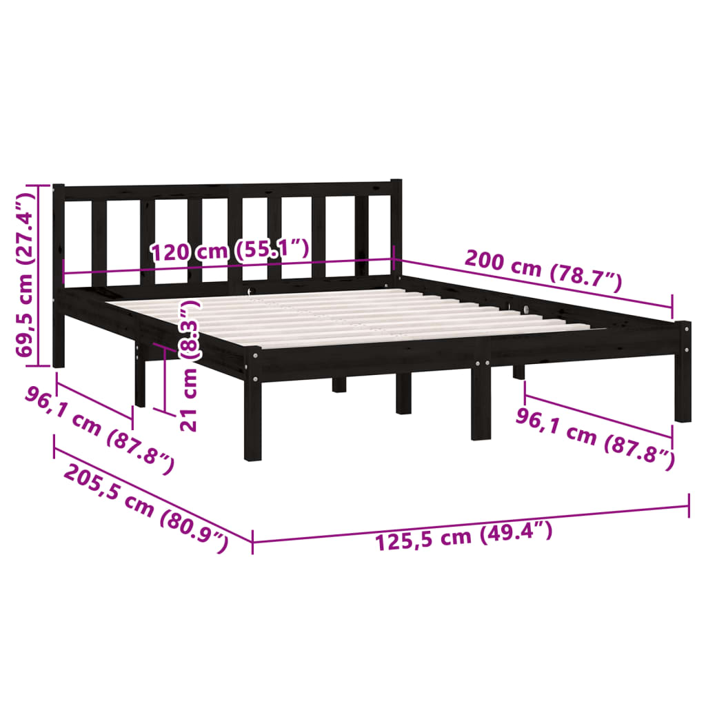 Bedframe massief grenenhout zwart 120x200 cm