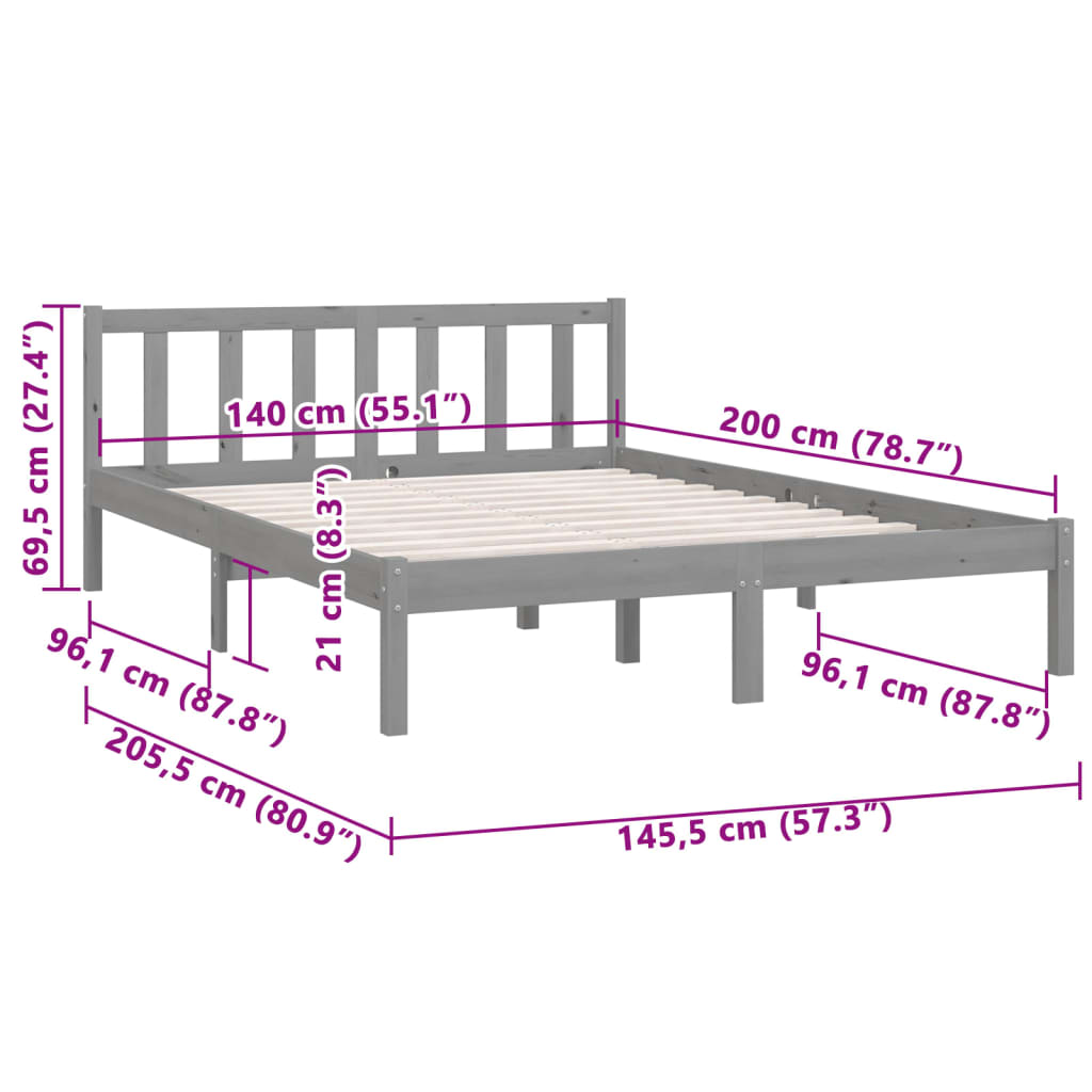 Bedframe massief grenenhout grijs 140x200 cm