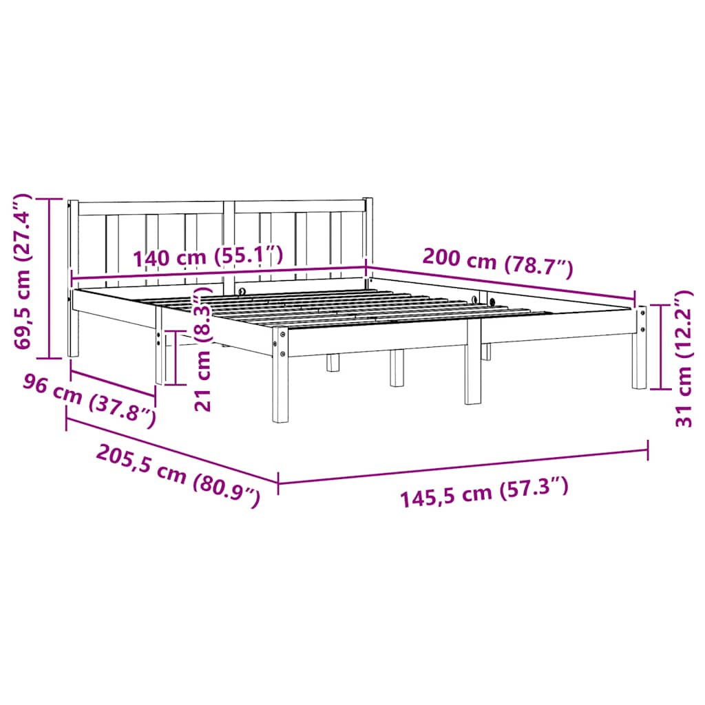 Bedframe massief grenenhout zwart 140x200 cm