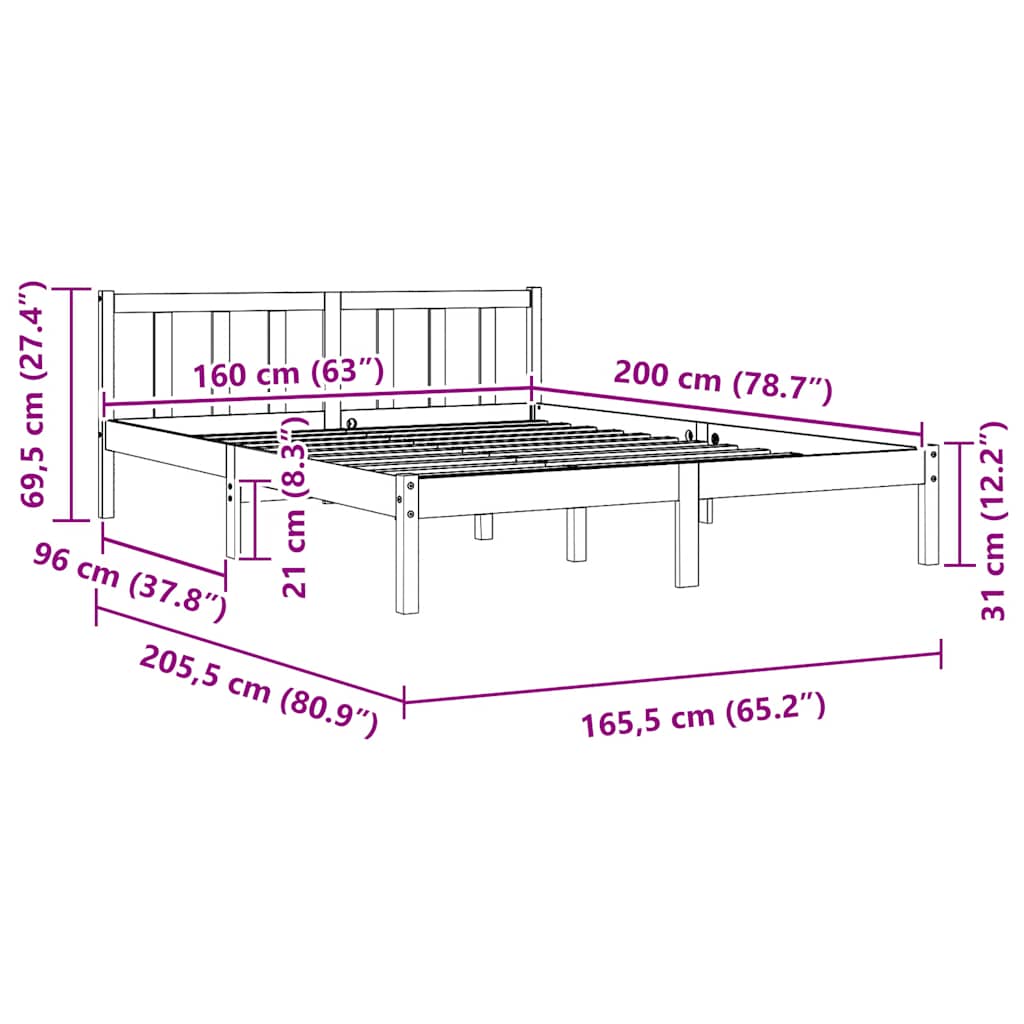 Bedframe massief grenenhout zwart 160x200 cm