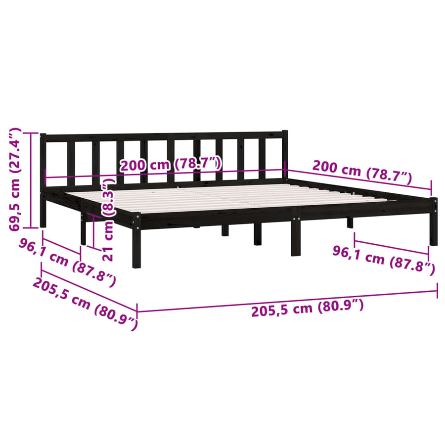 Bedframe Massief Grenenhout 200 x 200 cm Zwart