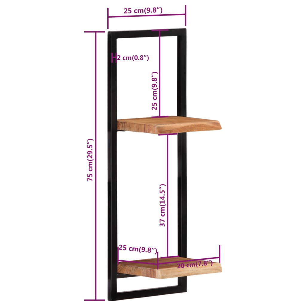 Wandschappen 2 st 25x25x75 cm massief acaciahout en staal 25 × 25 ×75 cm