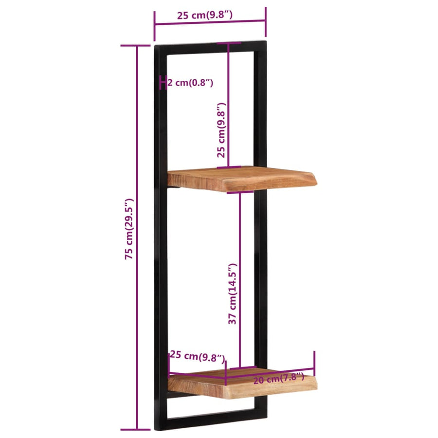 Wandschappen 2 st 25x25x75 cm massief acaciahout en staal 25 × 25 ×75 cm