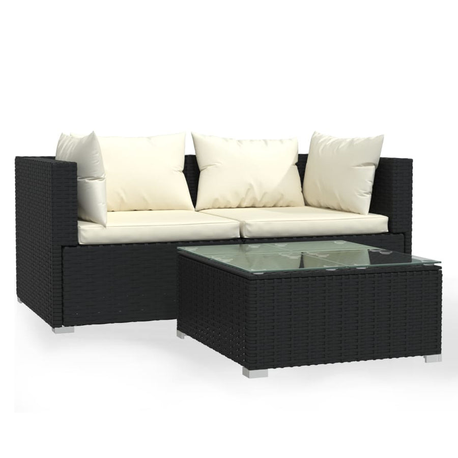 3-Delige Loungeset Met Kussens Poly Rattan Zwart En Crème 1