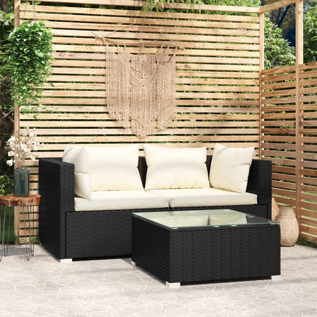 3-Delige Loungeset Met Kussens Poly Rattan Zwart en crème 2x hoek + Tafel