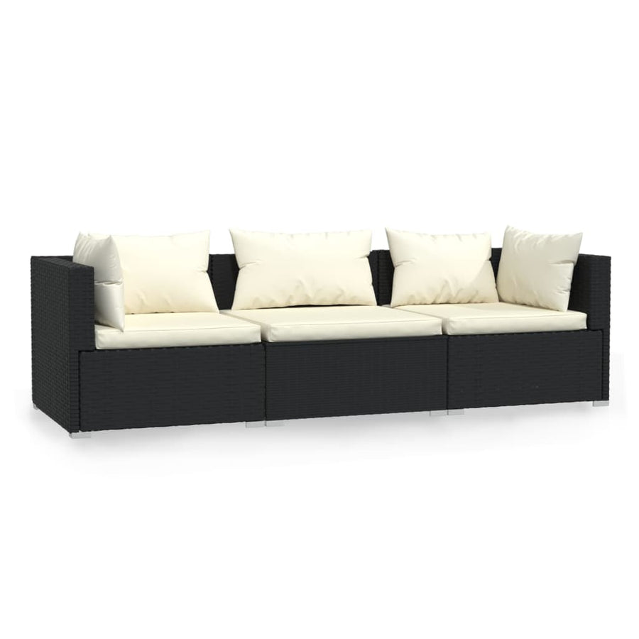 Driezitsbank Met Kussens Poly Rattan Zwart en crème 2x hoek + midden