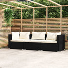 Three-seater sofa with cushions, poly rattan, black