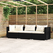 Driezitsbank poly rattan zwart met kussens