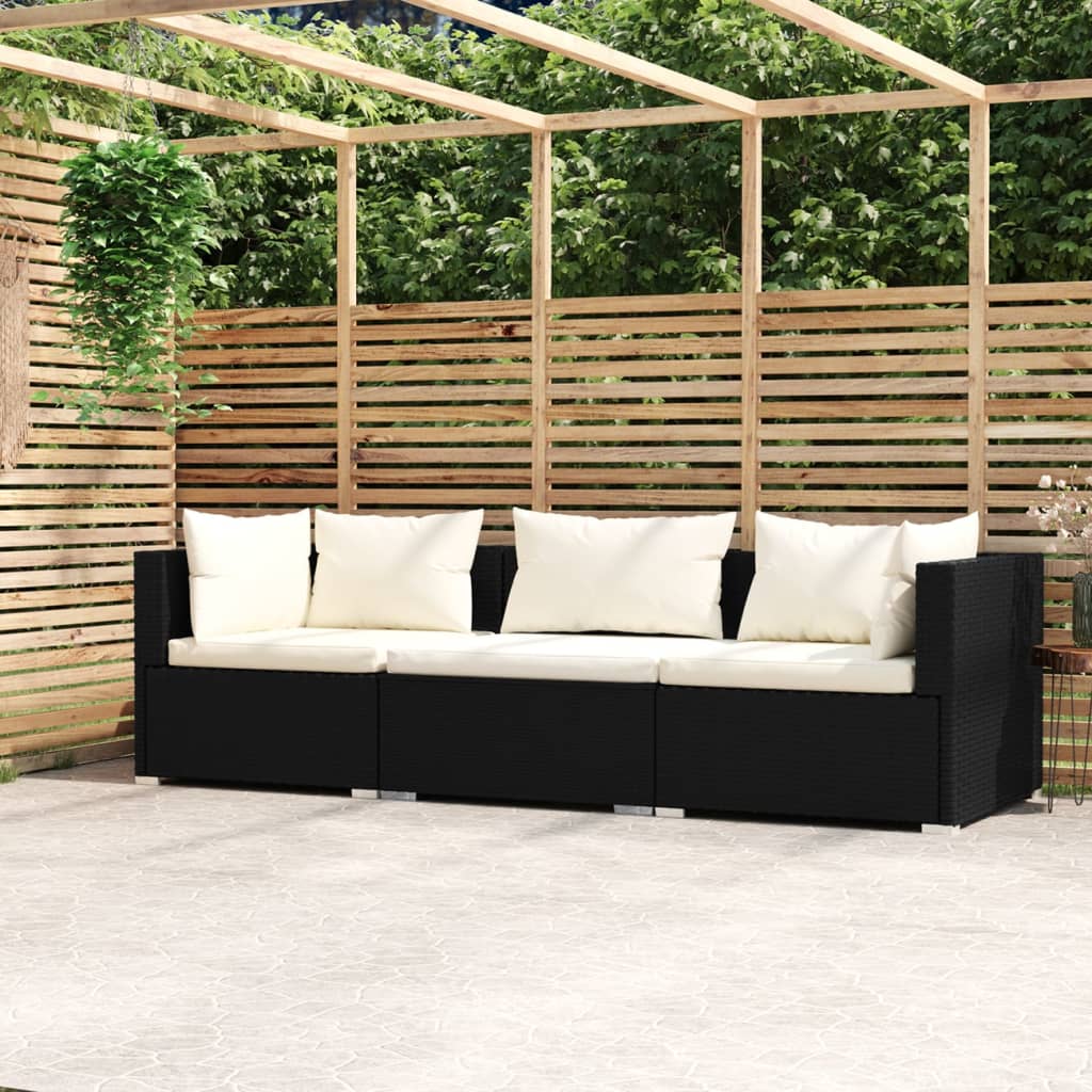Driezitsbank Met Kussens Poly Rattan Zwart en crème 2x hoek + midden