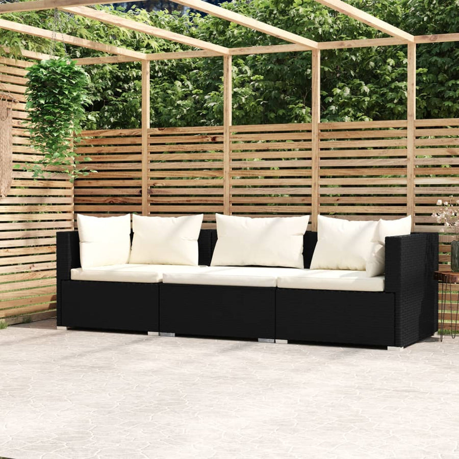 Driezitsbank Met Kussens Poly Rattan Zwart en crème 2x hoek + midden