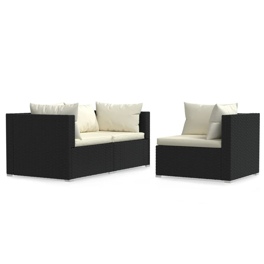 3-Delige Loungeset Met Kussens Poly Rattan Zwart en crème