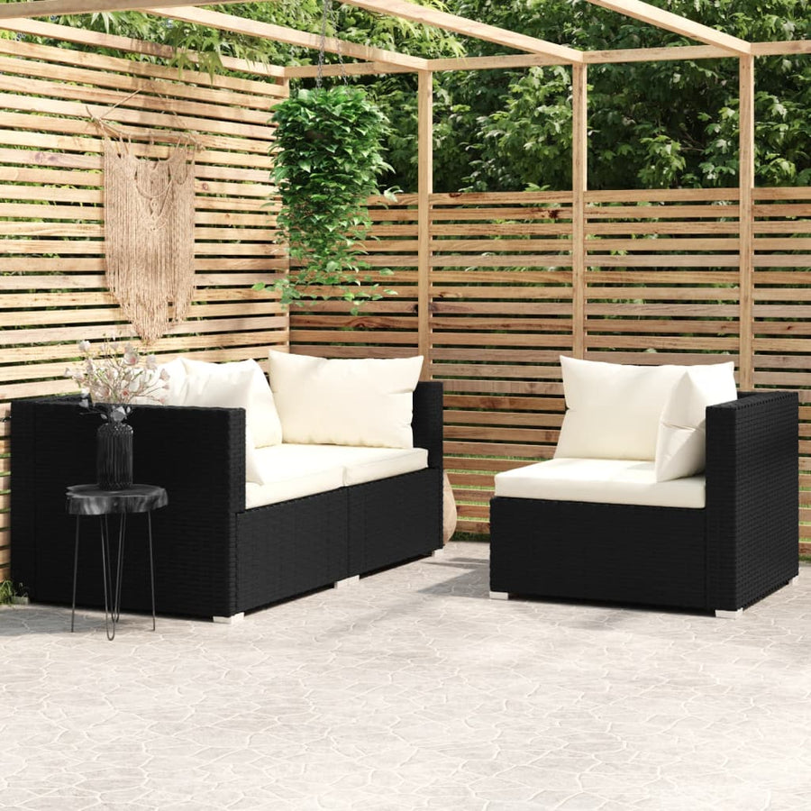 3-Delige Loungeset Met Kussens Poly Rattan Zwart en crème