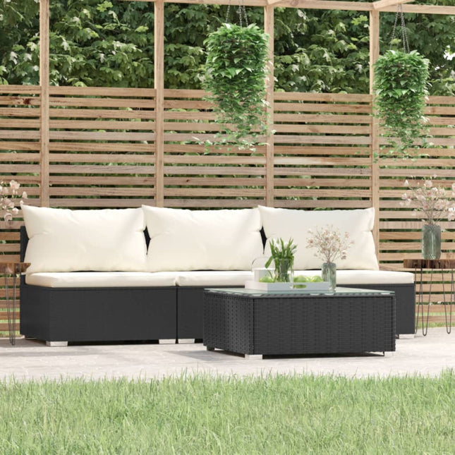 4-Delige Loungeset Met Kussens Poly Rattan Zwart en crème Driezitsbank + Tafel