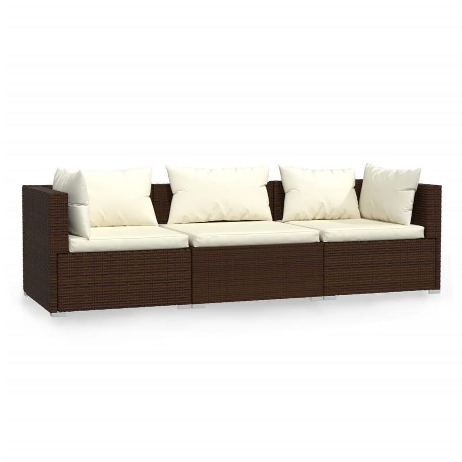 Driezitsbank Met Kussens Poly Rattan Bruin en crème 2x hoek + midden