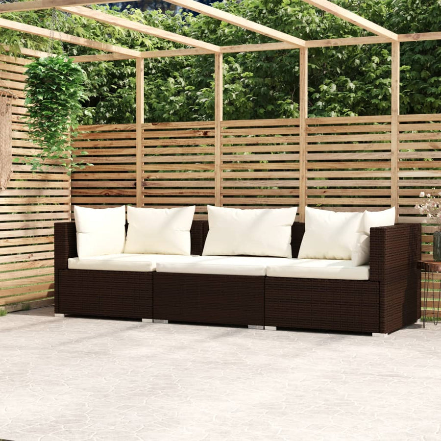 Driezitsbank Met Kussens Poly Rattan Bruin en crème 2x hoek + midden